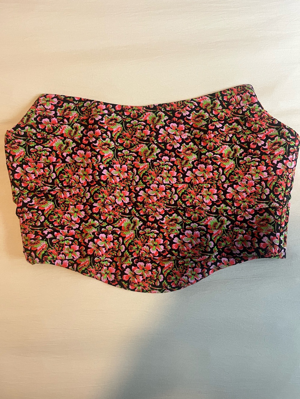 Zara Black Floral Crop Top with Pink and Green Accents